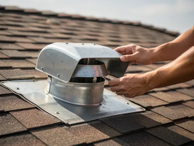 Bedford Heights Dryer Vent Cleaning certified technician safely cleaning a roof-mounted dryer vent in Bedford Heights