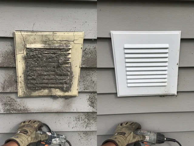 Bedford Heights Dryer Vent Cleaning technician installing high-quality dryer vent cover at a residential property in Bedford Heights