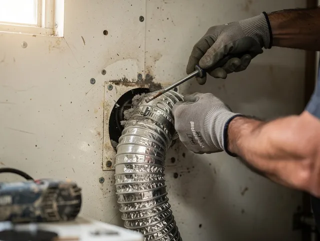 Bedford Heights Dryer Vent Cleaning technician performing precise dryer vent hose installation in Bedford Heights